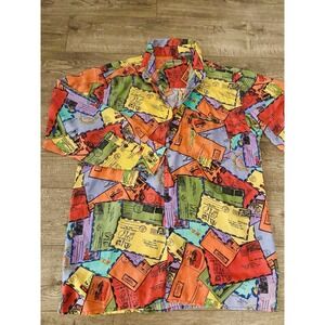 Robert Stock Mens XL Silk Button Down Shirt Vintage Airmail Postage Stamp Print